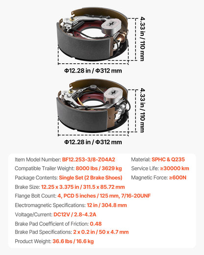 Electric Trailer Brake Kit, 12.25 x 3.375 Inch, 1 Pair Self-Adjusting Electric Brakes Kit for 8000 lbs Trailer Axle, Backing Plates for Braking System Part Replacement, Fit for Trailers, RVs