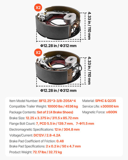 Electric Trailer Brake Kit, 12.25 x 3.375 Inch, 2 Pairs Self-Adjusting Electric Brakes Kit for 10000 lbs Trailer Axle, Backing Plates for Braking System Part Replacement, Fit for Trailers, RVs