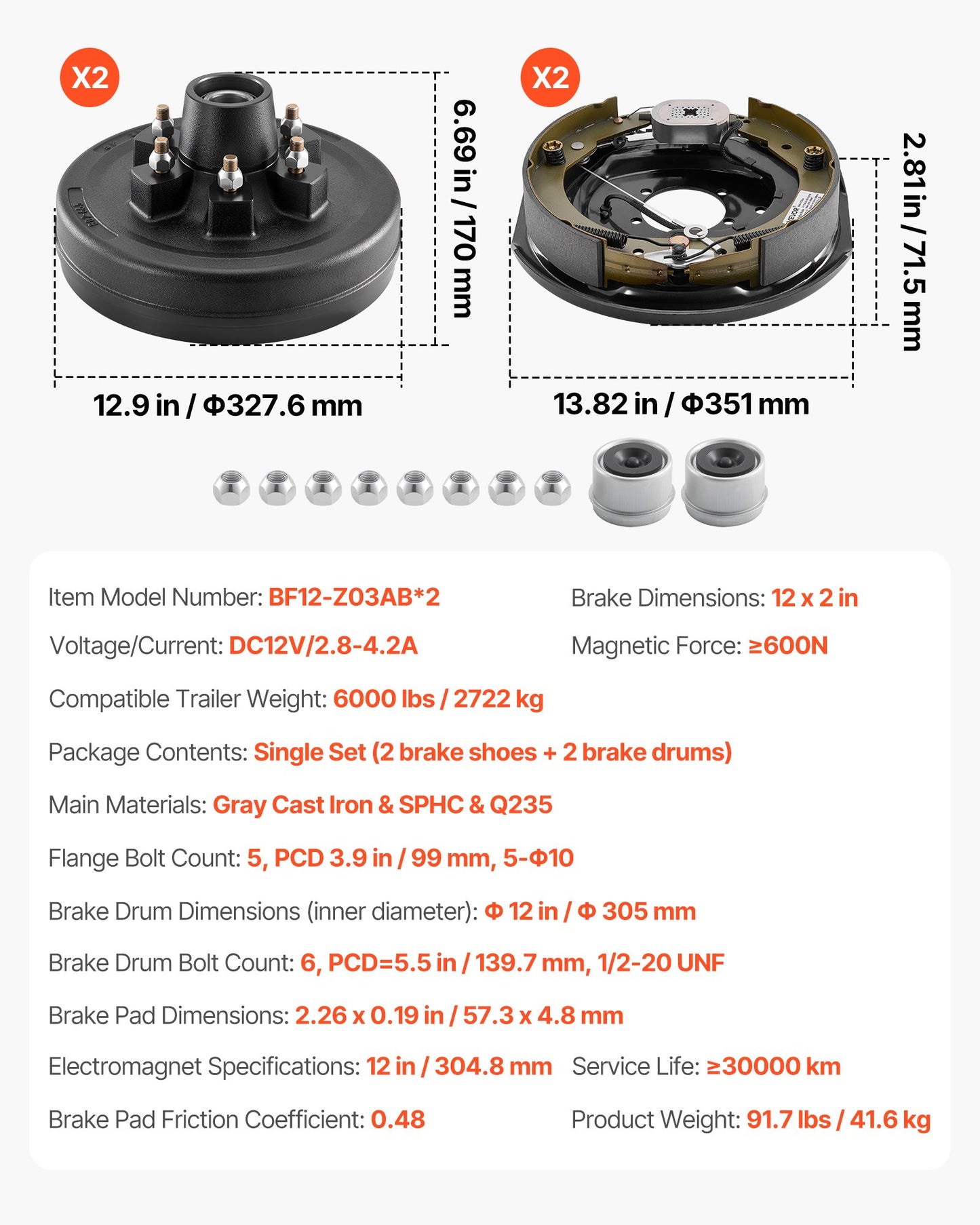 Electric Trailer Brake Assembly, 12 x 2 Inch, 1 Pair Self-Adjusting Electric Brakes Kit for 6000 lbs Trailer Axle, Backing Plates for Braking System Part Replacement, Fit for Trailers, RVs