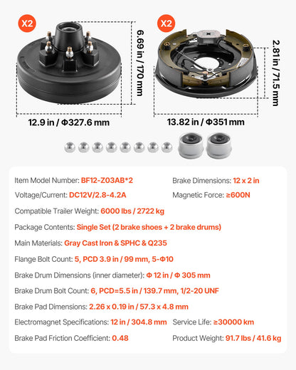 Electric Trailer Brake Assembly, 12 x 2 Inch, 1 Pair Self-Adjusting Electric Brakes Kit for 6000 lbs Trailer Axle, Backing Plates for Braking System Part Replacement, Fit for Trailers, RVs