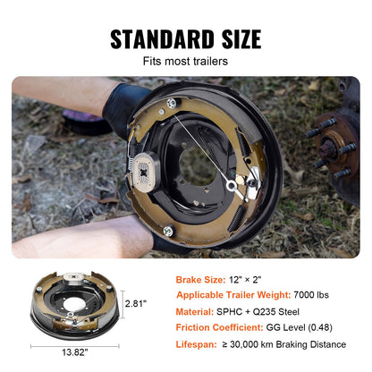 Electric Trailer Brake Assembly, 12" x 2", 1 Pair Self-Adjusting Electric Brakes Kit for 7000 lbs Axle, 5-Hole Mounting, Backing Plates for Braking System Part Replacement (1 Right + 1 Left)