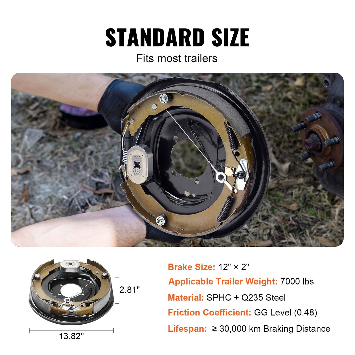 Electric Trailer Brake Assembly, 12" x 2", 2 Pairs Self-Adjusting Electric Brakes Kit for 7000 lbs Axle, 5-Hole Mounting, Backing Plates for Braking System Part Replacement (2 Right + 2 Left)