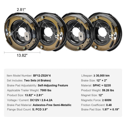 Electric Trailer Brake Assembly, 12" x 2", 2 Pairs Self-Adjusting Electric Brakes Kit for 7000 lbs Axle, 5-Hole Mounting, Backing Plates for Braking System Part Replacement (2 Right + 2 Left)