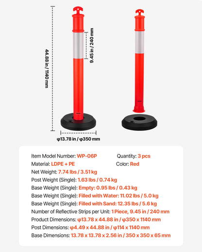 3 Pack Traffic Delineator Posts, 48 inches Traffic Safety Cones with Fillable Base and Reflective Strips, Heavy Duty Delineator Posts for Construction Site, Parking Lot, Crowd Control, Red