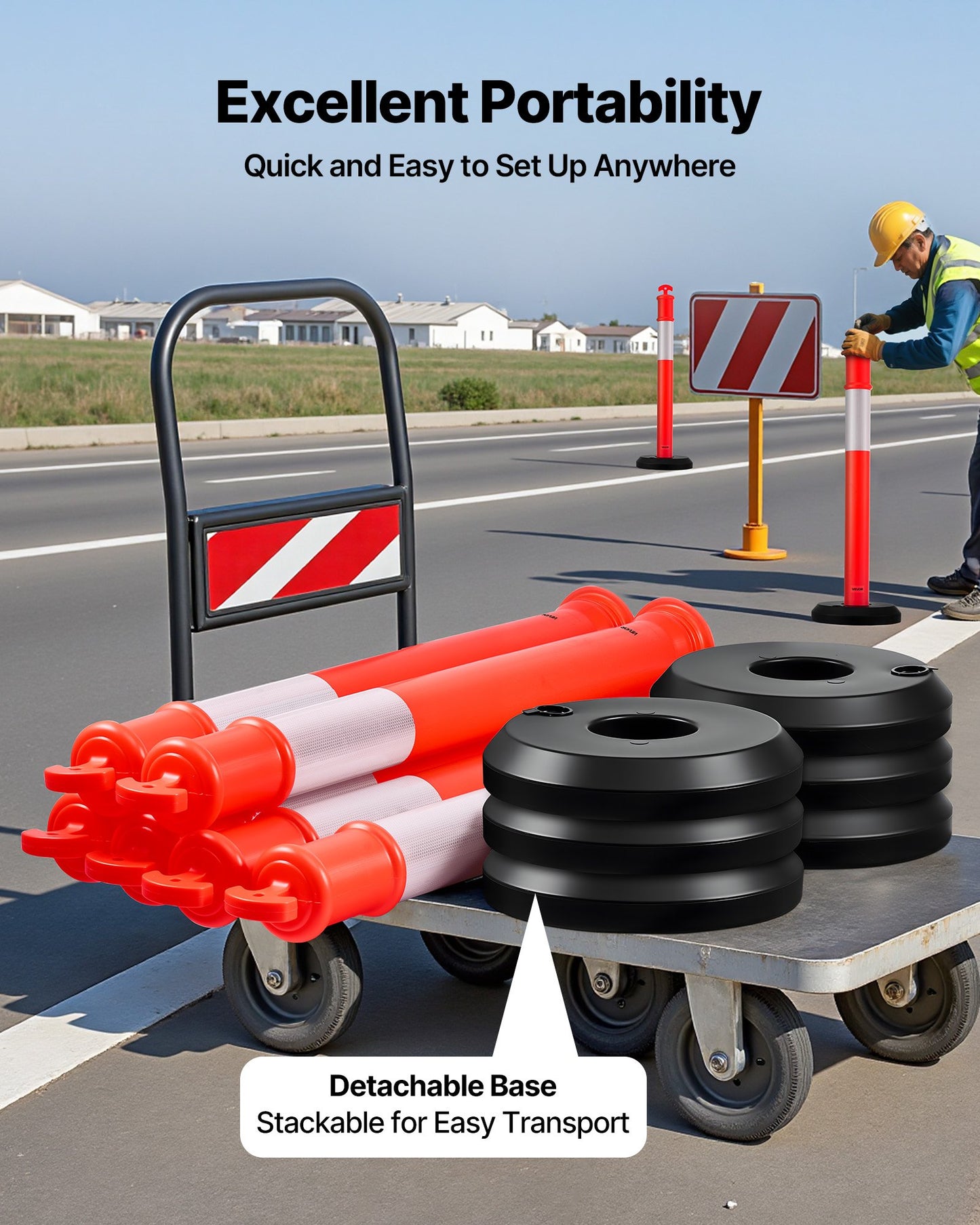 6 Pack Traffic Delineator Posts, 48 inches Traffic Safety Cones with Fillable Base and Reflective Strips, Heavy Duty Delineator Posts for Construction Site, Parking Lot, Crowd Control, Red