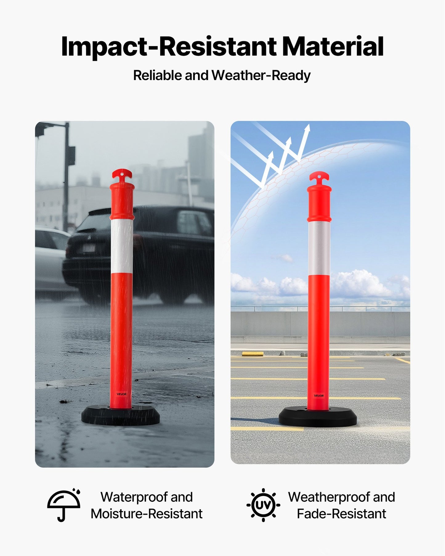 6 Pack Traffic Delineator Posts, 48 inches Traffic Safety Cones with Fillable Base and Reflective Strips, Heavy Duty Delineator Posts for Construction Site, Parking Lot, Crowd Control, Red