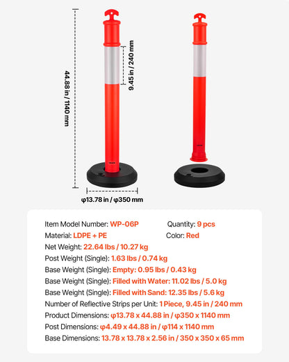 9 Pack Traffic Delineator Posts, 48 inches Traffic Safety Cones with Fillable Base and Reflective Strips, Heavy Duty Delineator Posts for Construction Site, Parking Lot, Crowd Control, Red
