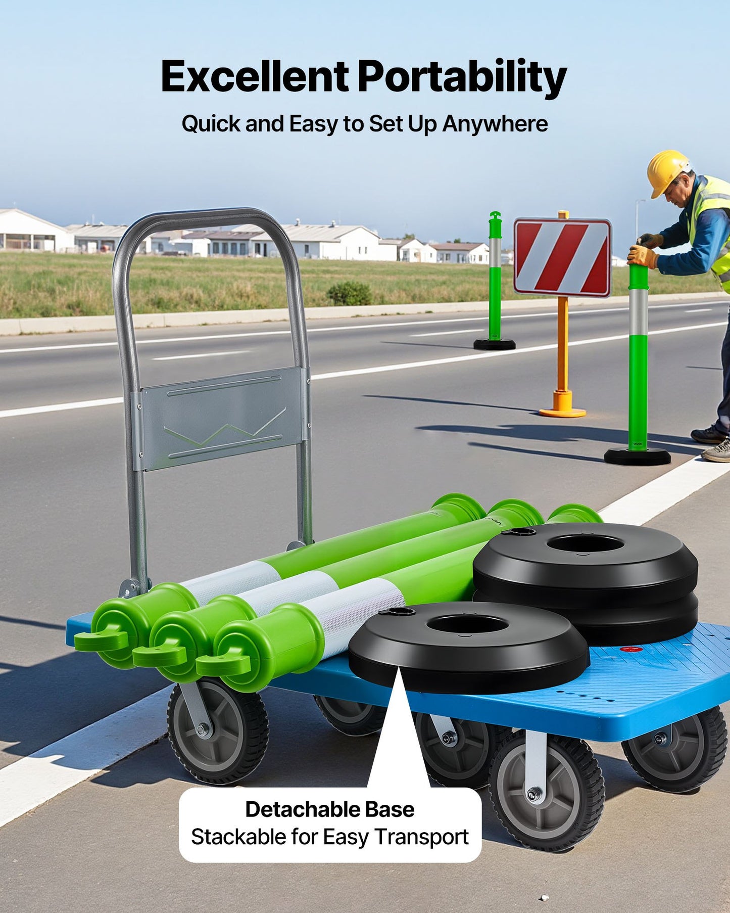 3 Pack Traffic Delineator Posts, 48 inches Traffic Safety Cones with Fillable Base and Reflective Strips, Heavy Duty Delineator Posts for Construction Site, Parking Lot, Crowd Control, Green