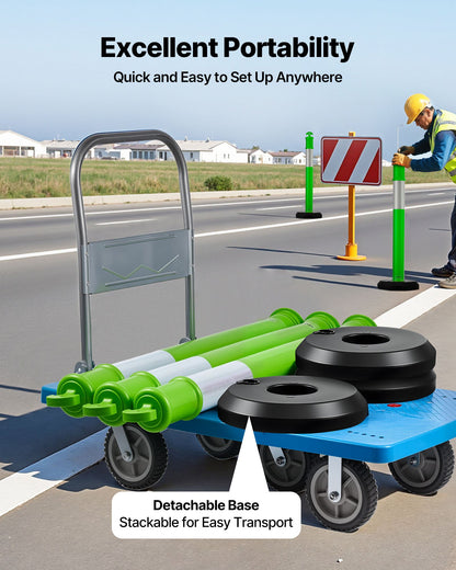 3 Pack Traffic Delineator Posts, 48 inches Traffic Safety Cones with Fillable Base and Reflective Strips, Heavy Duty Delineator Posts for Construction Site, Parking Lot, Crowd Control, Green