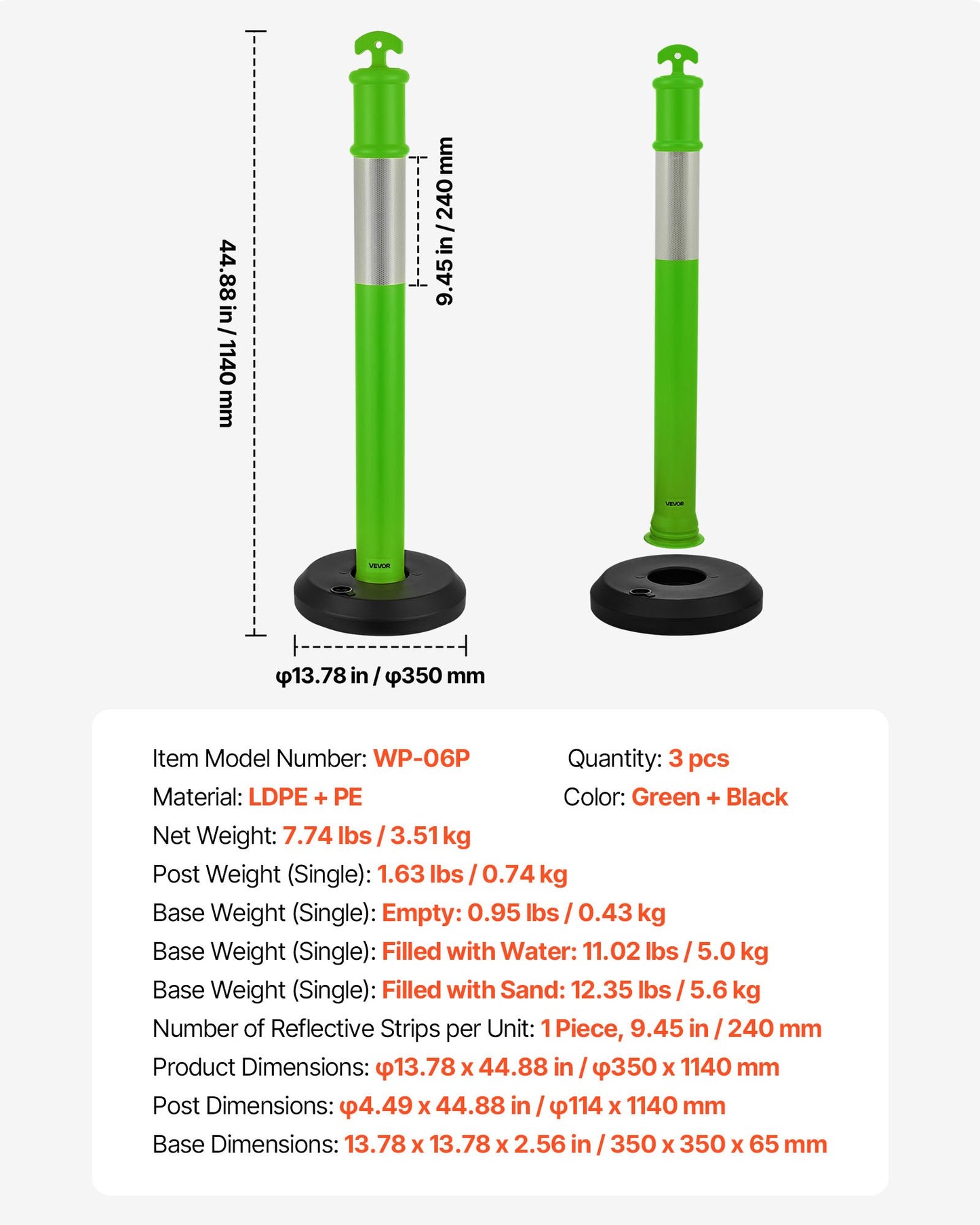 3 Pack Traffic Delineator Posts, 48 inches Traffic Safety Cones with Fillable Base and Reflective Strips, Heavy Duty Delineator Posts for Construction Site, Parking Lot, Crowd Control, Green