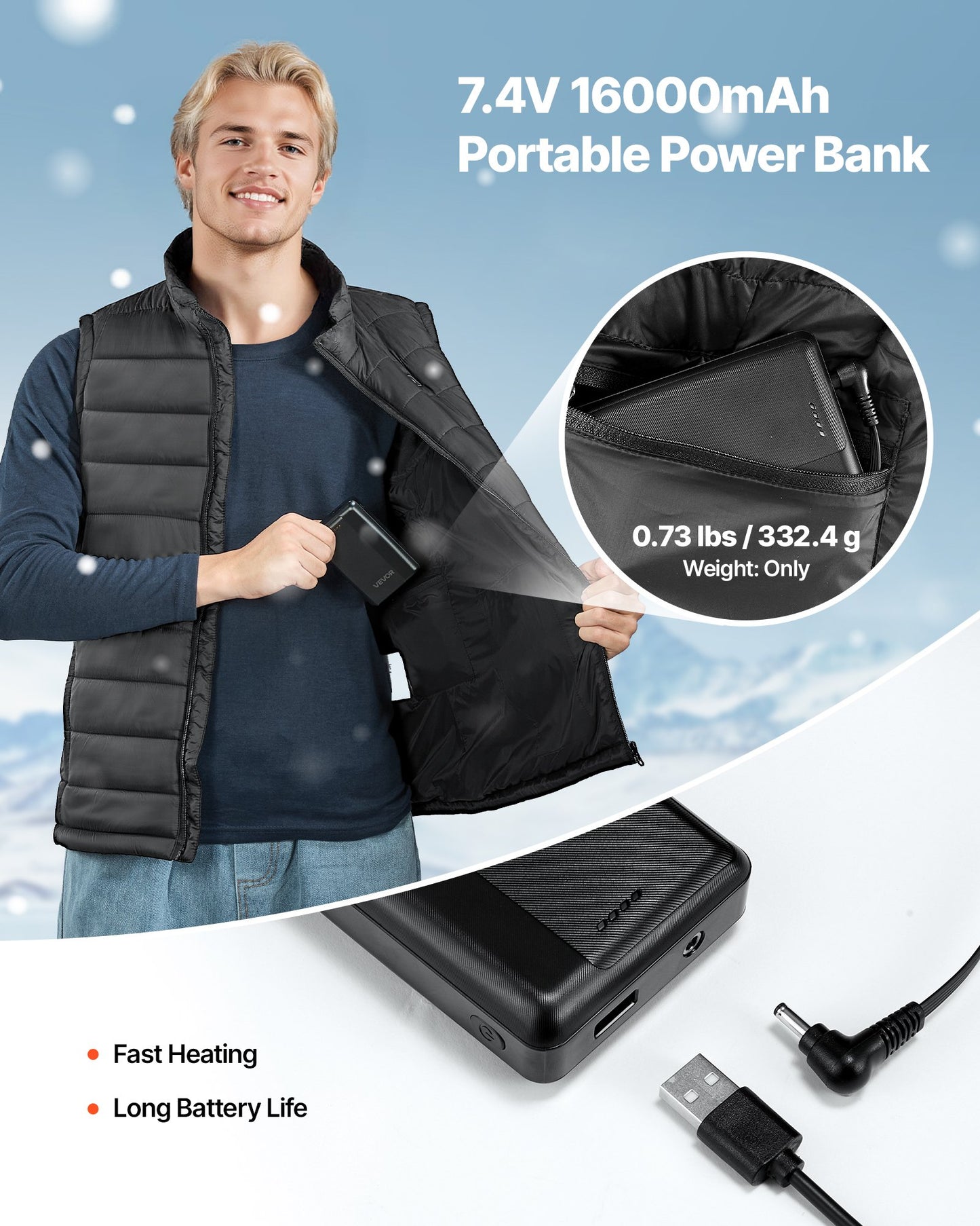 Heated Vest, Men Electric Heating Vest with 16000 mAh Battery Pack, 8 Heating Zones Lightweight Rechargeable Winter-Vest with 3 Levels, for Outdoor Hiking Camping Fishing Skiing, Size XL