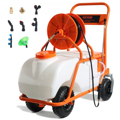 Battery Powered Lawn Sprayer on Wheel, 0-90 PSI Adjustable Pressure, 15 Gallon Tank, Cart Sprayer with 8 Nozzles and 2 Wands, 12V 12Ah Battery, Wide Mouth Lid for Weeding, Spraying