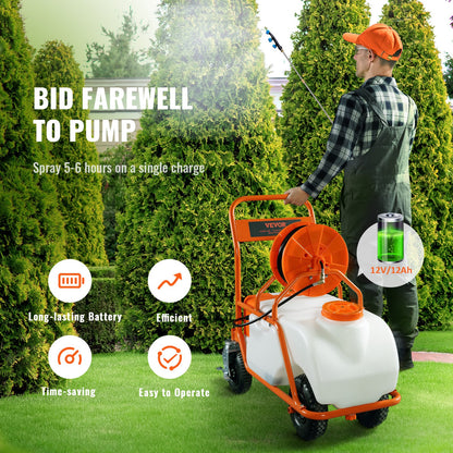 Battery Powered Lawn Sprayer on Wheel, 0-90 PSI Adjustable Pressure, 15 Gallon Tank, Cart Sprayer with 8 Nozzles and 2 Wands, 12V 12Ah Battery, Wide Mouth Lid for Weeding, Spraying