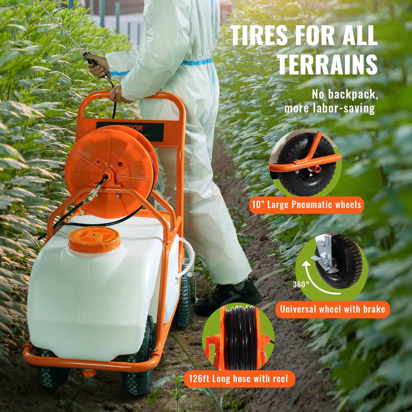 Battery Powered Lawn Sprayer on Wheel, 0-90 PSI Adjustable Pressure, 15 Gallon Tank, Cart Sprayer with 8 Nozzles and 2 Wands, 12V 12Ah Battery, Wide Mouth Lid for Weeding, Spraying