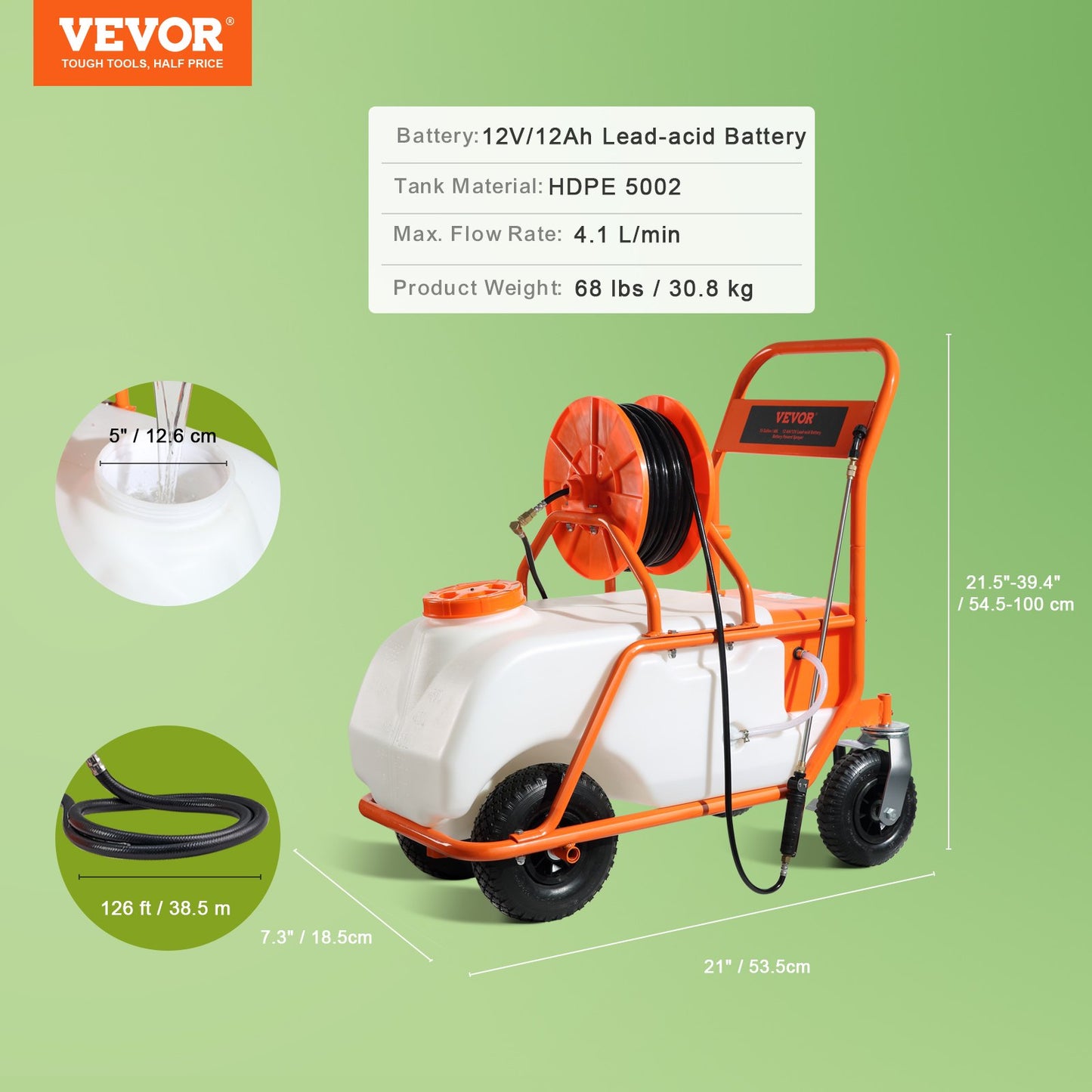 Battery Powered Lawn Sprayer on Wheel, 0-90 PSI Adjustable Pressure, 15 Gallon Tank, Cart Sprayer with 8 Nozzles and 2 Wands, 12V 12Ah Battery, Wide Mouth Lid for Weeding, Spraying