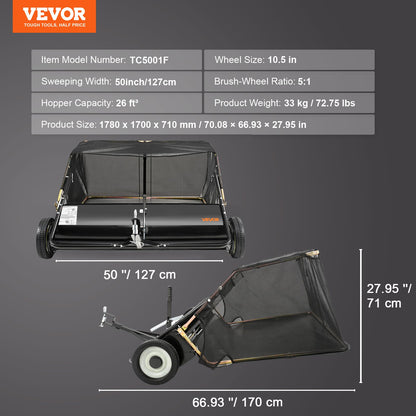 Tow Behind Lawn Sweeper, 50 in Pull Behind Lawn Sweeper, 26 cu. ft Large Capacity Leaf & Grass Collector, Heavy Duty Garden Sweeper with Adjustable Sweeping Height for Yard, Lawn, Farm