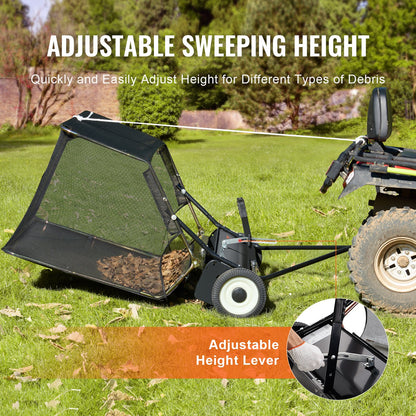 42-inch Lawn Sweeper Tow Behind, 12 cu.ft. Large Pull Behind Grass Sweeper, Heavy Duty Leaf & Grass Collector with Dumping Rope Design, Adjustable Sweeping Height for Picking Up Debris & Grass