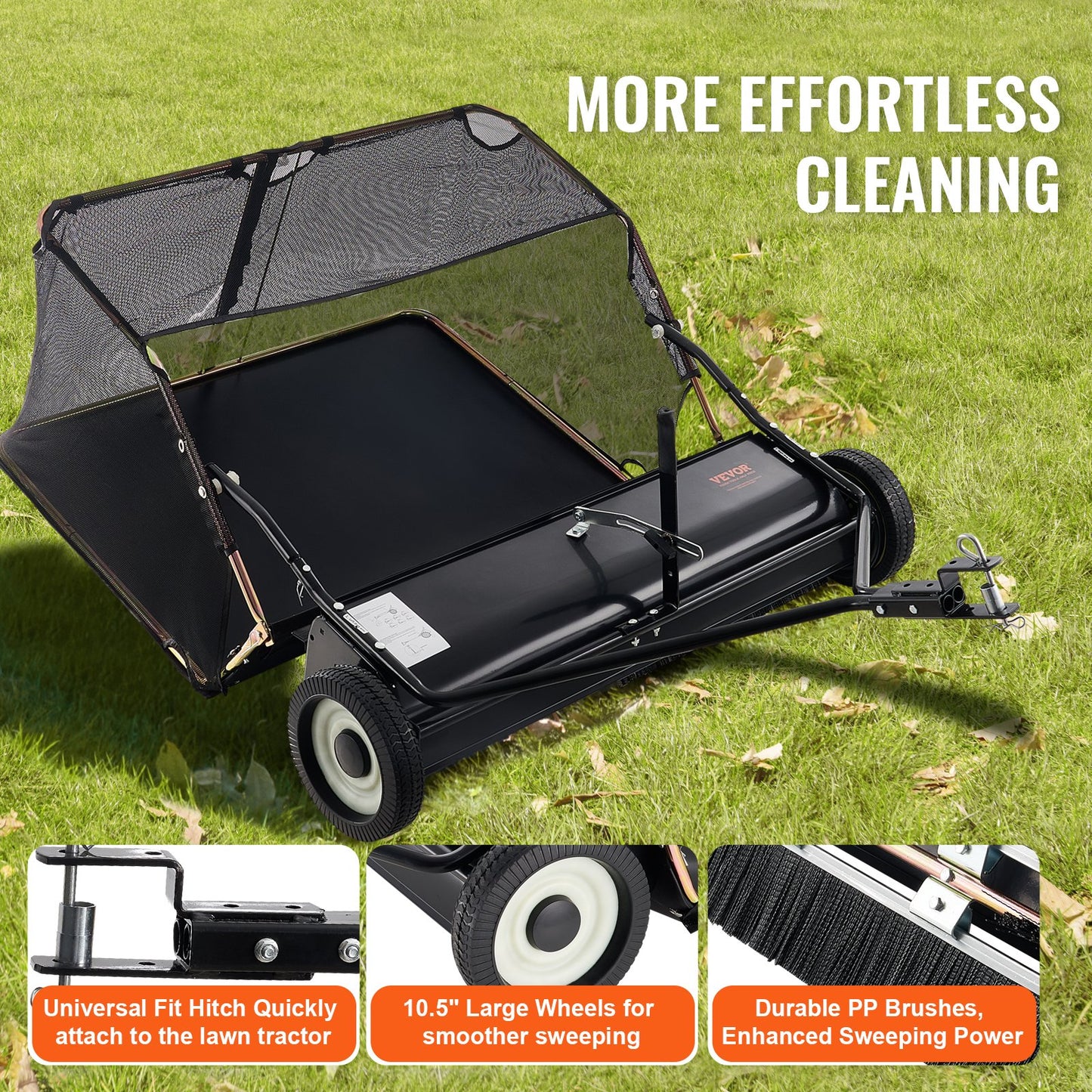 42-inch Lawn Sweeper Tow Behind, 12 cu.ft. Large Pull Behind Grass Sweeper, Heavy Duty Leaf & Grass Collector with Dumping Rope Design, Adjustable Sweeping Height for Picking Up Debris & Grass
