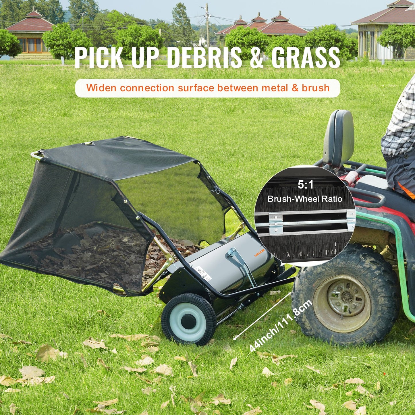 Tow Behind Lawn Sweeper, 44 in Pull Behind Lawn Sweeper, 25 cu. ft Large Capacity Leaf & Grass Collector, Heavy Duty Garden Sweeper with Adjustable Sweeping Height for Yard, Lawn, Farm