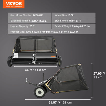Tow Behind Lawn Sweeper, 44 in Pull Behind Lawn Sweeper, 25 cu. ft Large Capacity Leaf & Grass Collector, Heavy Duty Garden Sweeper with Adjustable Sweeping Height for Yard, Lawn, Farm