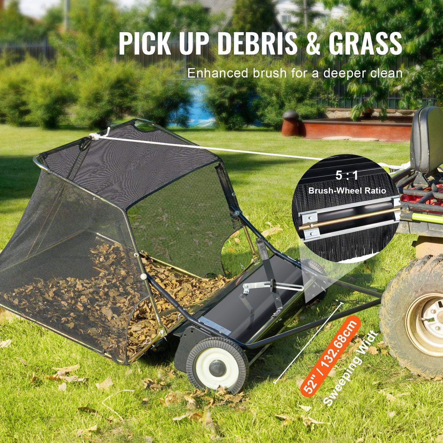 52-inch Lawn Sweeper Tow Behind, 26 cu.ft. Large Pull Behind Grass Sweeper, Heavy Duty Leaf & Grass Collector with Dumping Rope Design, Adjustable Sweeping Height for Picking Up Debris & Grass