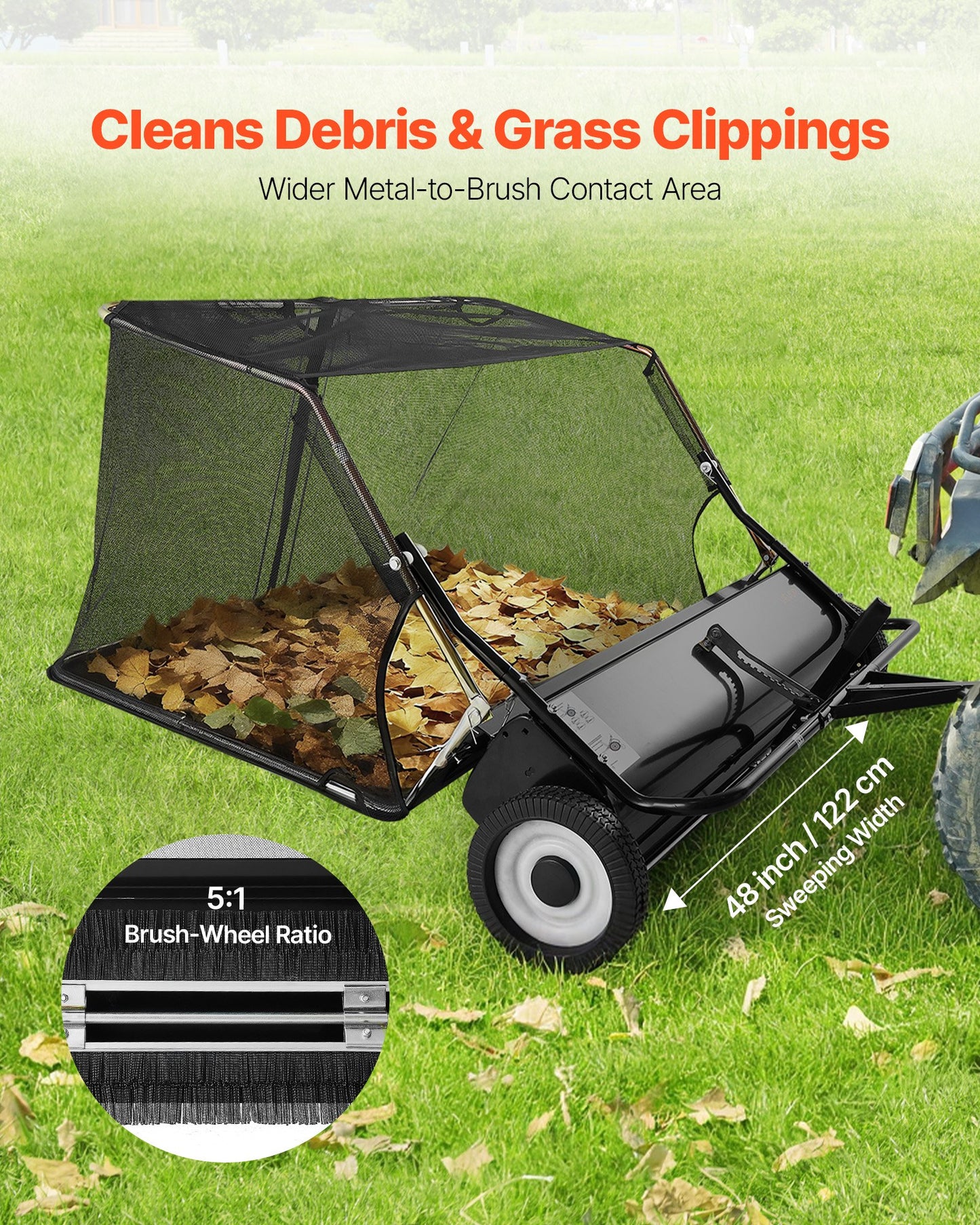 Tow Behind Lawn Sweeper, 48 in Pull Behind Yard Sweeper, 26 cu. ft Hopper Bag Capacity, Leaf & Grass Collector with Dumping Rope, Adjustable Sweeping Height, Garden Sweepers for Lawn Farm