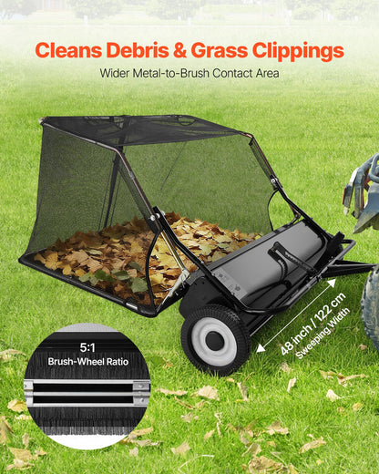 Tow Behind Lawn Sweeper, 48 in Pull Behind Yard Sweeper, 26 cu. ft Hopper Bag Capacity, Leaf & Grass Collector with Dumping Rope, Adjustable Sweeping Height, Garden Sweepers for Lawn Farm