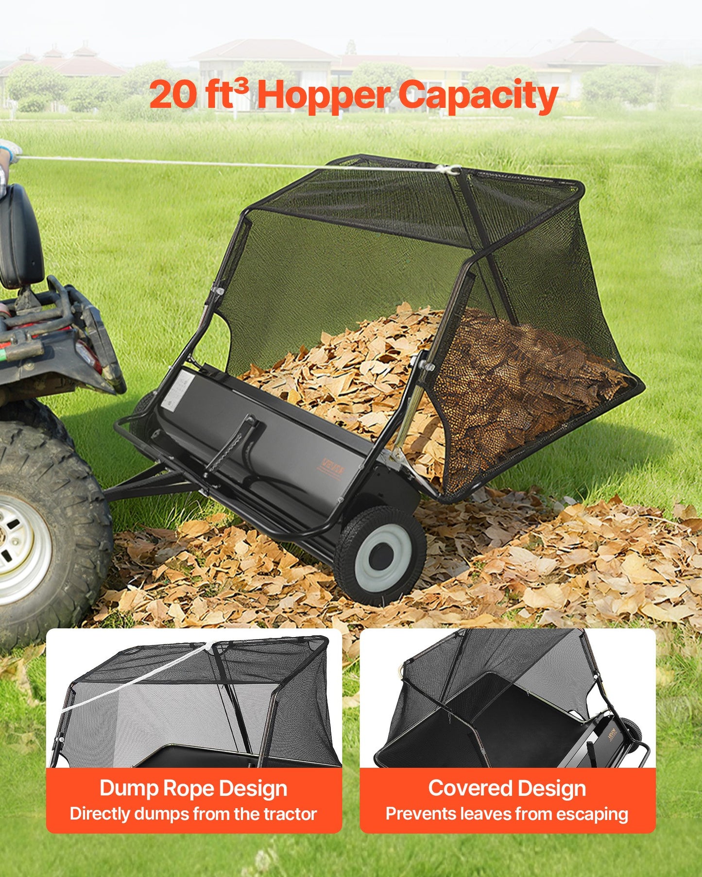 Tow Behind Lawn Sweeper, 48 in Pull Behind Yard Sweeper, 26 cu. ft Hopper Bag Capacity, Leaf & Grass Collector with Dumping Rope, Adjustable Sweeping Height, Garden Sweepers for Lawn Farm