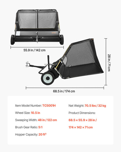 Tow Behind Lawn Sweeper, 48 in Pull Behind Yard Sweeper, 26 cu. ft Hopper Bag Capacity, Leaf & Grass Collector with Dumping Rope, Adjustable Sweeping Height, Garden Sweepers for Lawn Farm