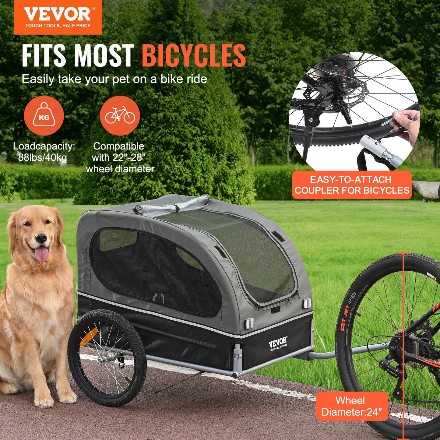Dog Bike Trailer, Supports up to 88 lbs, Pet Cart Bike Carrier, Easy Folding Frame with Quick Release Wheels, Universal Bike Coupling, Reflectors, Flag, Foldable for Storage, Black/Gray