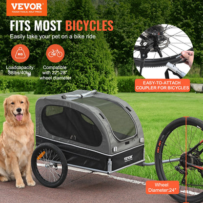 Dog Bike Trailer, Supports up to 88 lbs, Pet Cart Bike Carrier, Easy Folding Frame with Quick Release Wheels, Universal Bike Coupling, Reflectors, Flag, Foldable for Storage, Black/Gray