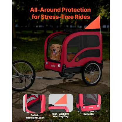Hundcykelkärra, Stöder upp till 45 kg, Cykelhållare för små och stora hundar, Lättfällbar ram med snabbkopplingshjul, Universal cykelkoppling, Reflex, Flagga, Invändigt koppel |  EU