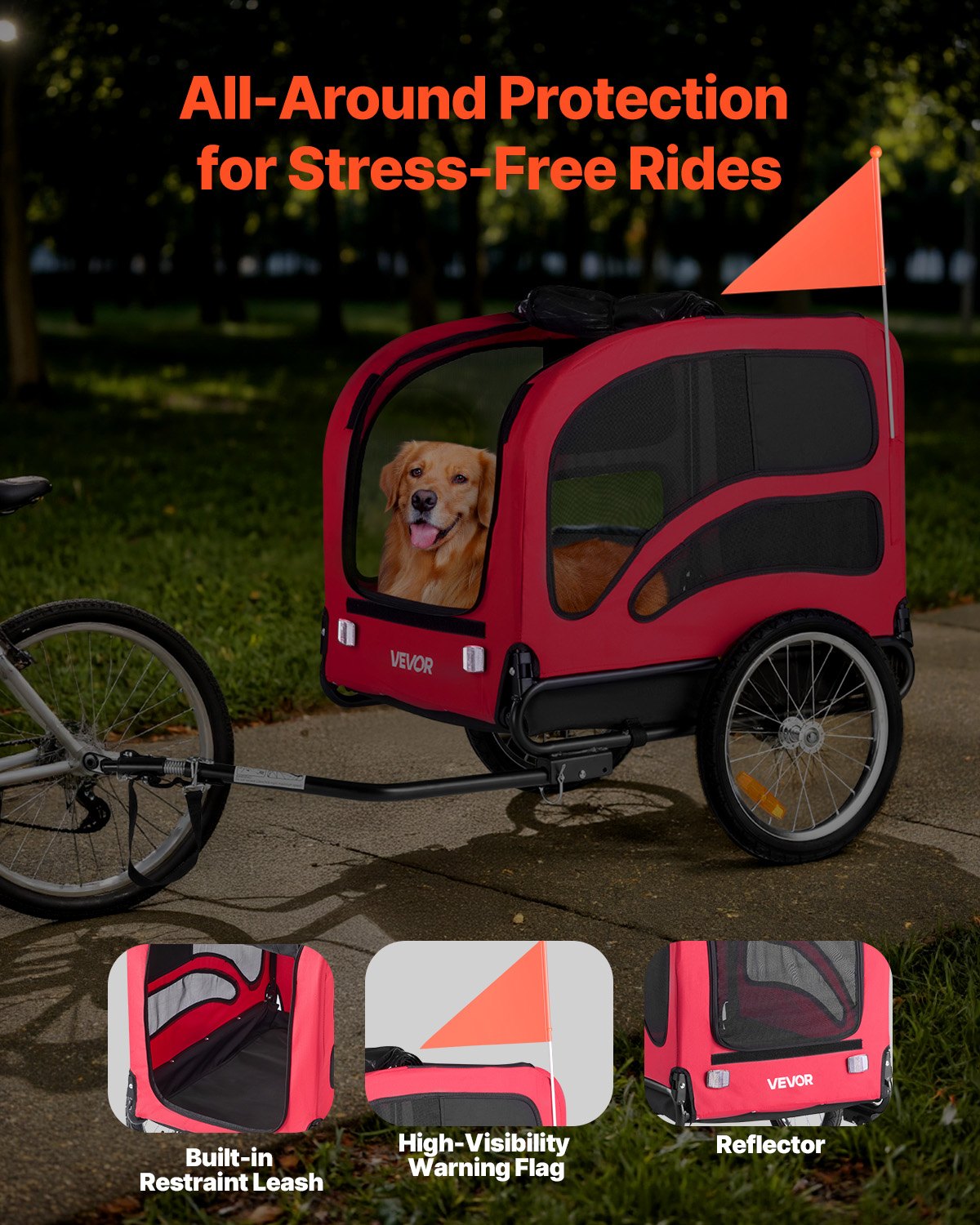 Dog Bike Trailer, Supports up to 100 lbs, Pet Cart Bicycle Carrier for Small & Large Dogs, Easy Folding Frame with Quick Release Wheel, Universal Bicycle Coupler, Reflector, Flag, Internal Leash