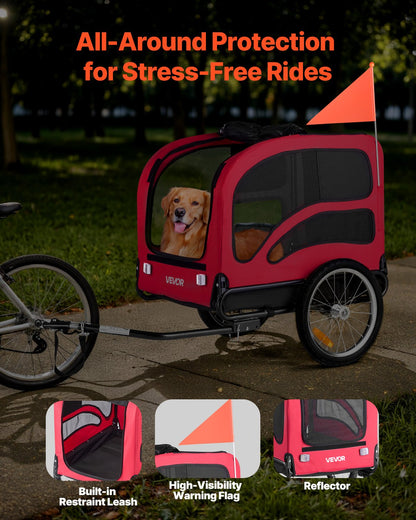 Dog Bike Trailer, Supports up to 100 lbs, Pet Cart Bicycle Carrier for Small & Large Dogs, Easy Folding Frame with Quick Release Wheel, Universal Bicycle Coupler, Reflector, Flag, Internal Leash