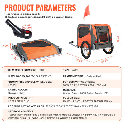 Dog Bike Trailer, Supports up to 66 lbs, Pet Cart Bicycle Carrier, Easy Folding Frame with Quick Release Wheels, Universal Bicycle Coupler, Reflectors, Flag, Collapsible to Store, Orange/Gray