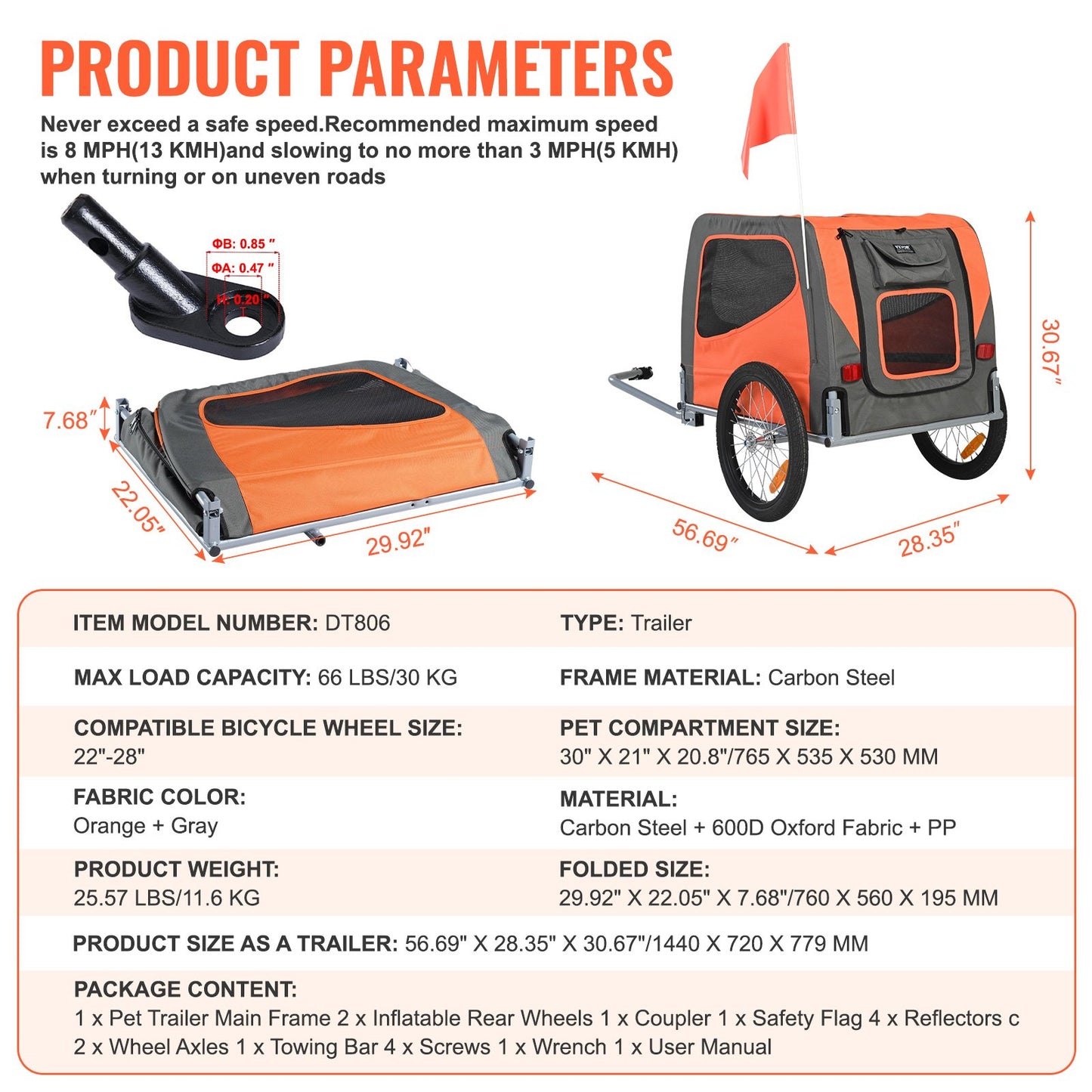 Fahrradanhänger für Hunde, Tragkraft bis zu 30 kg, Fahrradträger für Haustiere, leicht zusammenklappbarer Rahmen mit Schnellspannrädern, universelle Fahrradkupplung, Reflektoren, Flagge, faltbar zur Aufbewahrung, Orange/Grau