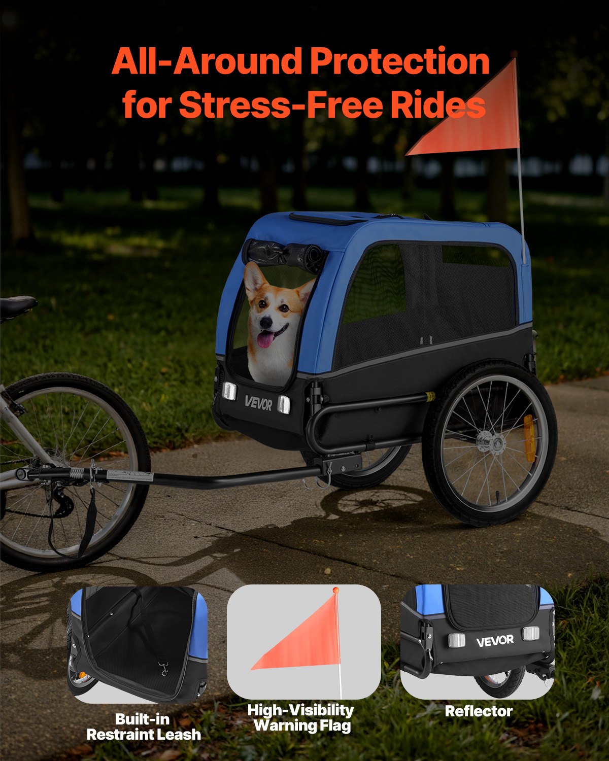 Dog Bike Trailer, Supports up to 66 lbs, Pet Cart Bicycle Carrier for Small & Medium Dogs, Easy Folding Frame with Quick Release Wheel, Universal Bicycle Coupler, Reflector, Flag, Internal Leash