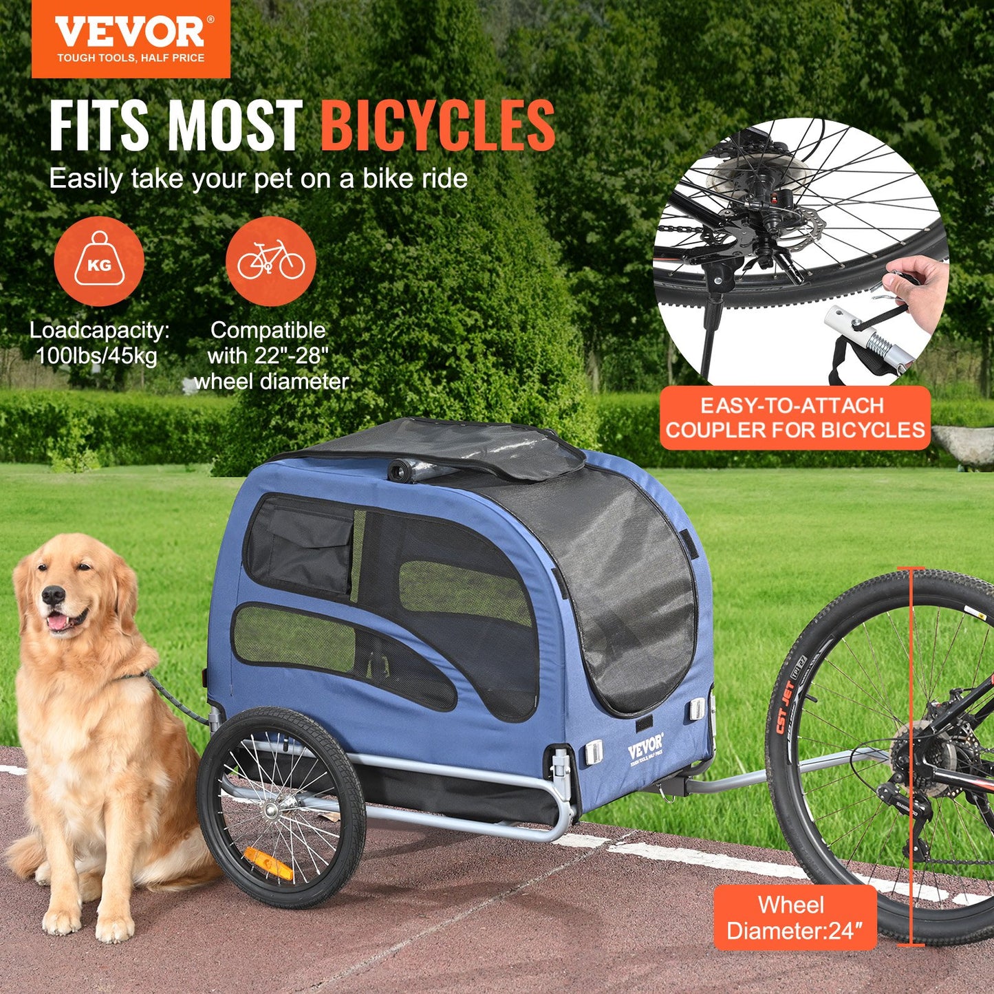 Dog Bike Trailer, Supports up to 100 lbs, Pet Cart Bike Carrier, Easy Folding Frame with Quick Release Wheels, Universal Bike Coupling, Reflectors, Flag, Foldable for Storage, Blue/Black