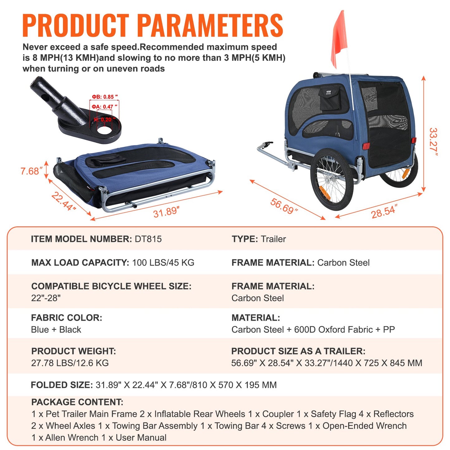 Dog Bike Trailer, Supports up to 100 lbs, Pet Cart Bike Carrier, Easy Folding Frame with Quick Release Wheels, Universal Bike Coupling, Reflectors, Flag, Foldable for Storage, Blue/Black