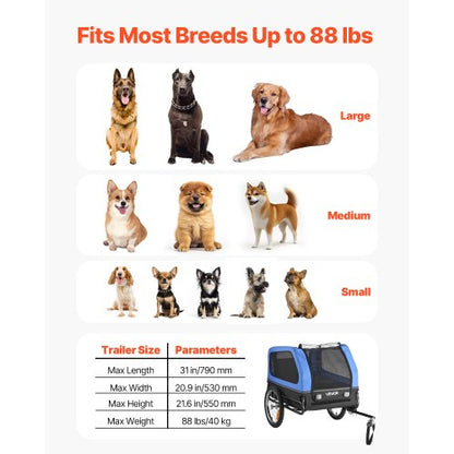 Hundcykelkärra, Stöder upp till 40 kg, Cykelhållare för små och stora hundar, Lättfällbar ram med snabbkopplingshjul, Universal cykelkoppling, Reflex, Flagga, Invändigt koppel |  EU