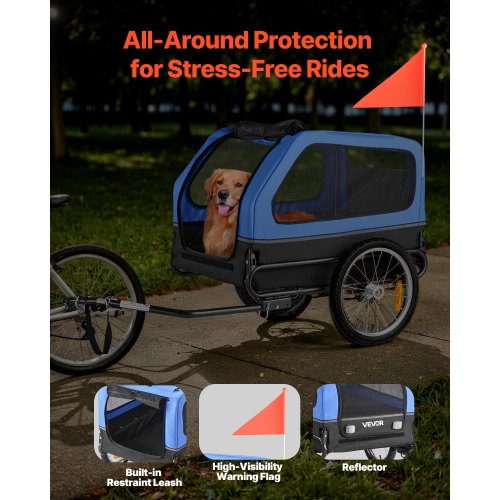 Hundcykelkärra, Stöder upp till 40 kg, Cykelhållare för små och stora hundar, Lättfällbar ram med snabbkopplingshjul, Universal cykelkoppling, Reflex, Flagga, Invändigt koppel |  EU