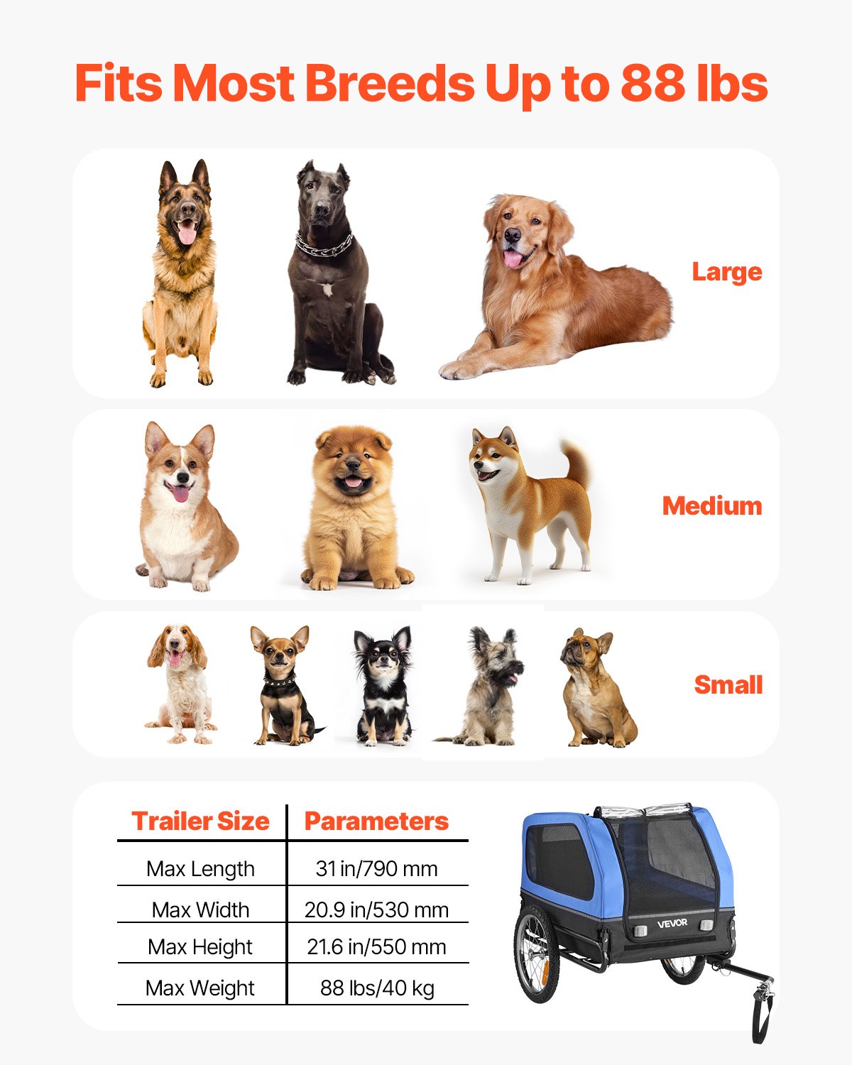 Dog Bike Trailer, Supports up to 88 lbs, Pet Cart Bicycle Carrier for Small & Large Dogs, Easy Folding Frame with Quick Release Wheel, Universal Bicycle Coupler, Reflector, Flag, Internal Leash