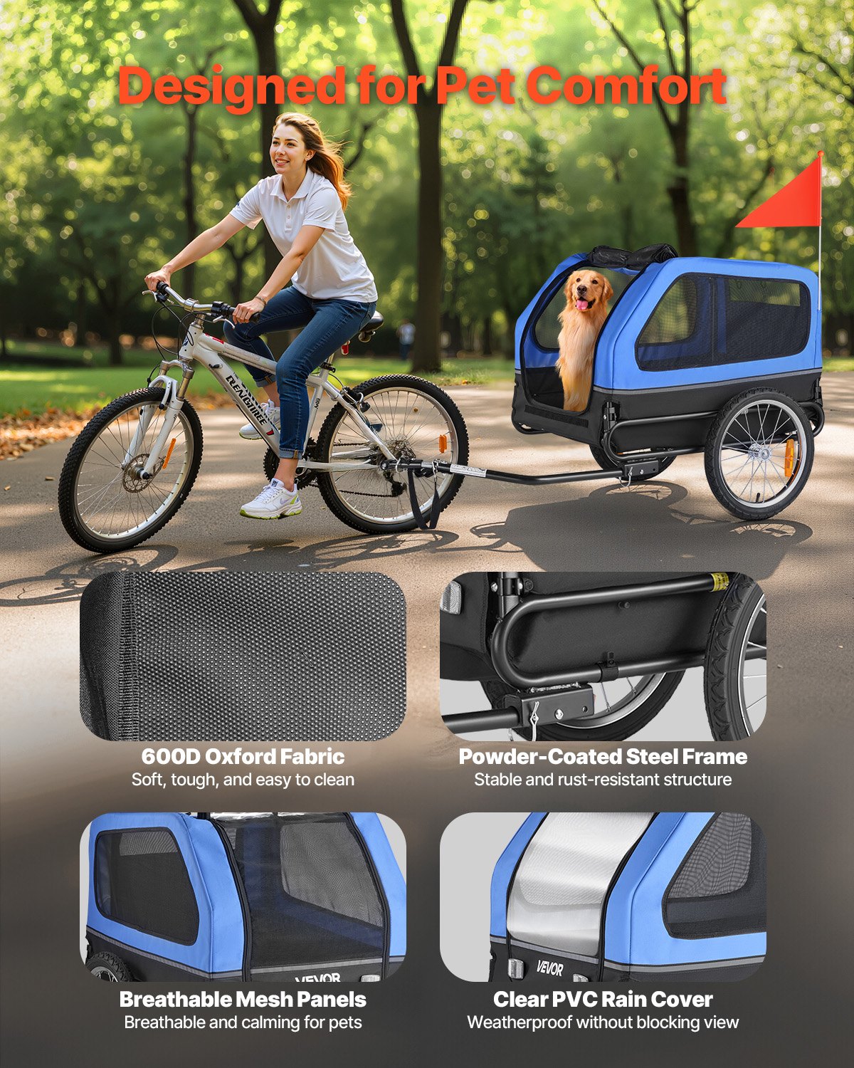 Dog Bike Trailer, Supports up to 88 lbs, Pet Cart Bicycle Carrier for Small & Large Dogs, Easy Folding Frame with Quick Release Wheel, Universal Bicycle Coupler, Reflector, Flag, Internal Leash