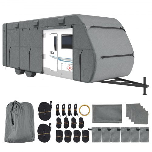 Travel Trailer Cover, 28-31 ft RV Cover, Top 300D Oxford Fabric Camper Cover, Waterproof, Windproof and Rip-Stop Class A RV Cover, with Storage Bag, Repair Patches, Straps and Tire Covers