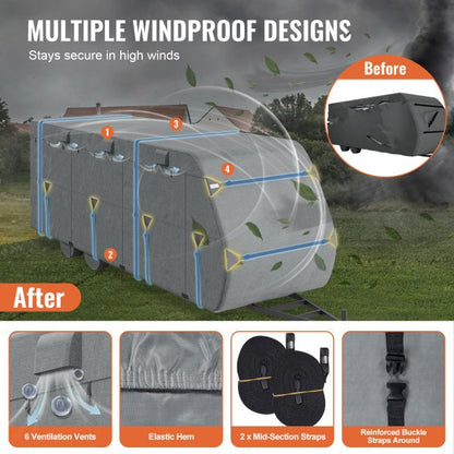 Travel Trailer Cover, 28-31 ft RV Cover, Top 300D Oxford Fabric Camper Cover, Waterproof, Windproof and Rip-Stop Class A RV Cover, with Storage Bag, Repair Patches, Straps and Tire Covers