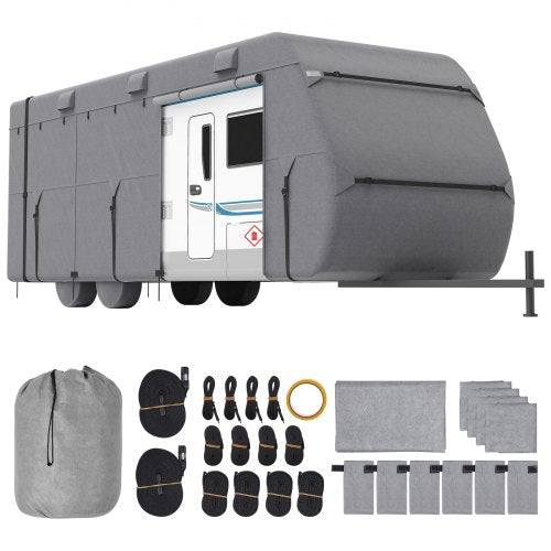 Travel Trailer Cover, 27-30 ft RV Cover, 4-Layer Non-Woven Fabric Camper Cover, Waterproof, Windproof and Rip-Stop Class A RV Cover, with Storage Bag, Repair Patches, Straps and Tire Covers