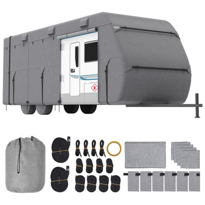 Travel Trailer Cover, 27-30 ft RV Cover, 4-Layer Non-Woven Fabric Camper Cover, Waterproof, Windproof and Rip-Stop Class A RV Cover, with Storage Bag, Repair Patches, Straps and Tire Covers