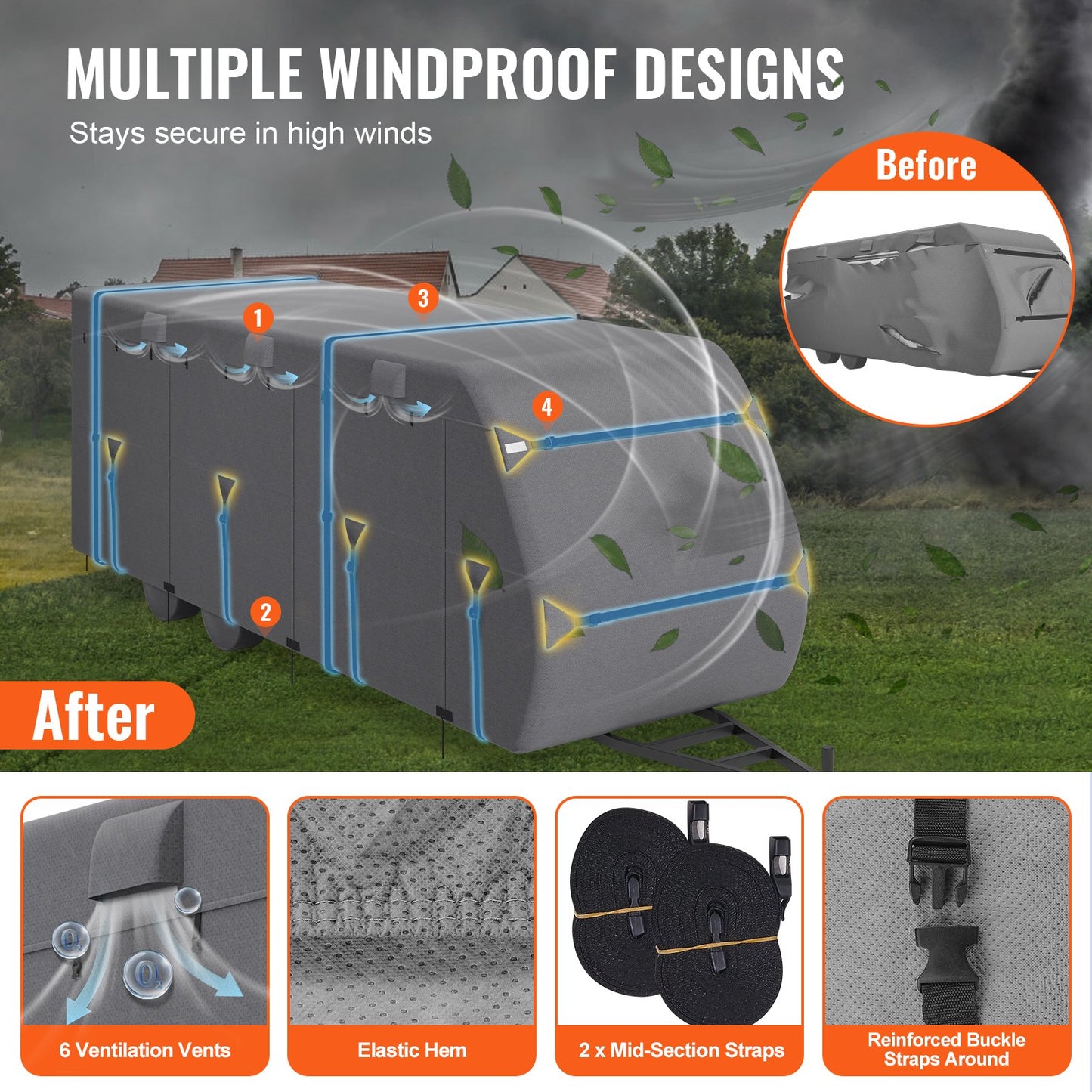 Travel Trailer Cover, 30-33 ft RV Cover, 4-Layer Non-Woven Fabric Camper Cover, Waterproof, Windproof and Rip-Stop Class A RV Cover, with Storage Bag, Repair Patches, Straps and Tire Covers
