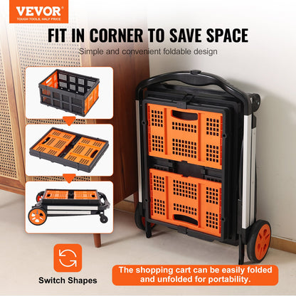 Mehrzweck-funktionaler Klappwagen, 90 kg Tragkraft, 2-stufiger Klappeinkaufswagen mit Rädern, faltbarer Mehrzweckwagen mit Aufbewahrungsbox, 2-in-1-Sackkarre für Lebensmittel/Gepäck/Umzüge/Büro