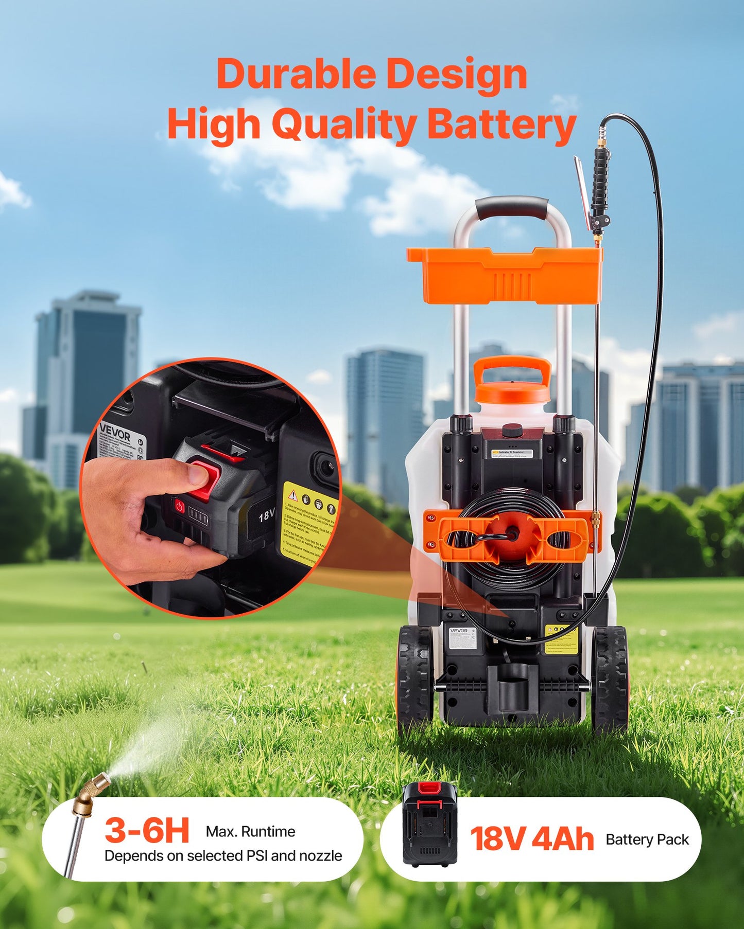 Battery-Powered Sprayer with Wheeled Cart, 10 Gallons Electric Weed Sprayer, Adjustable 0-80 PSI, Yard Lawn Sprayers with Wheels, 5 Nozzles & 98ft Hose, 3-6H Spray Time, for Weeding, Cleaning